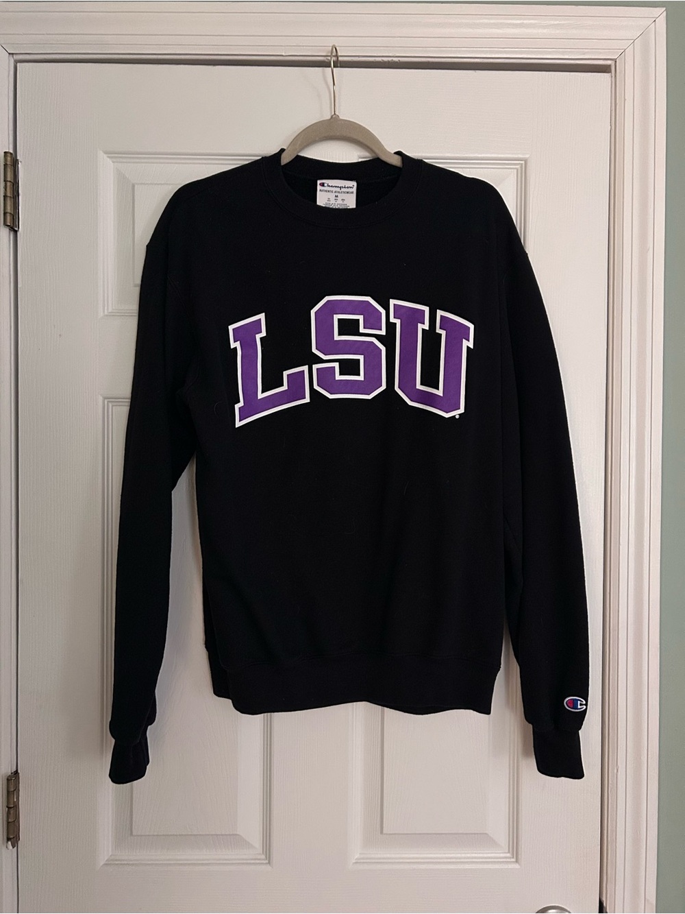 Champion Black Crewneck with Purple LSU Letters